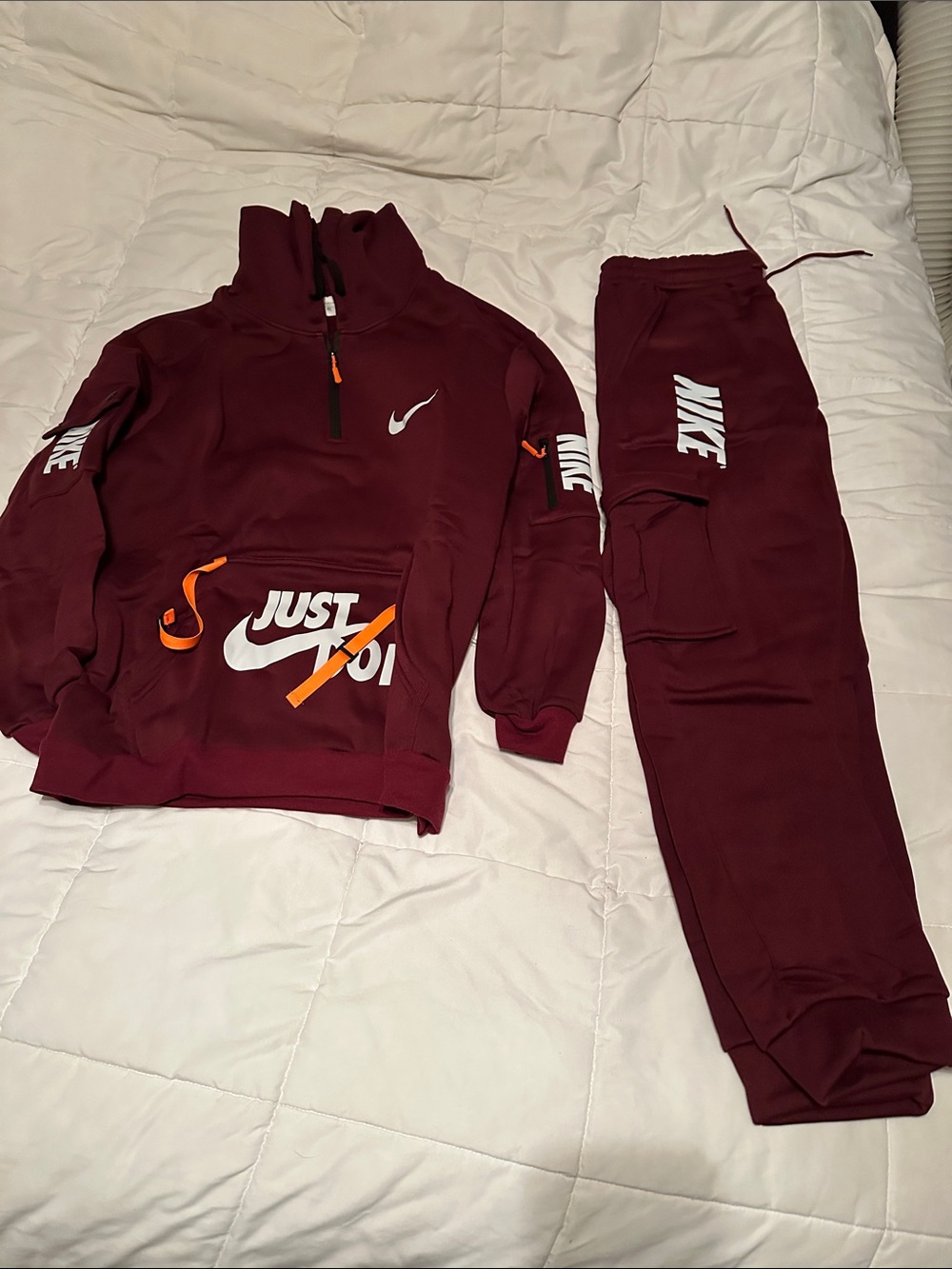 3xl Nike Maroon Hoodie and Joggers Set with White Logos and Orange accents